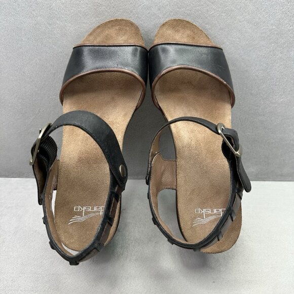 Womens 9.5-10 / EU 40 Dansko Debby Heeled Sandals Black Leather Raffia Chunky - Picture 6 of 8